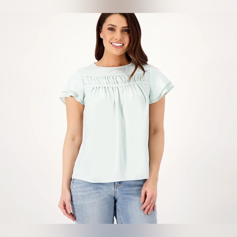 Candace Cameron Bure Top with Ruffle Front Yoke Detail Glacial Blue size XL